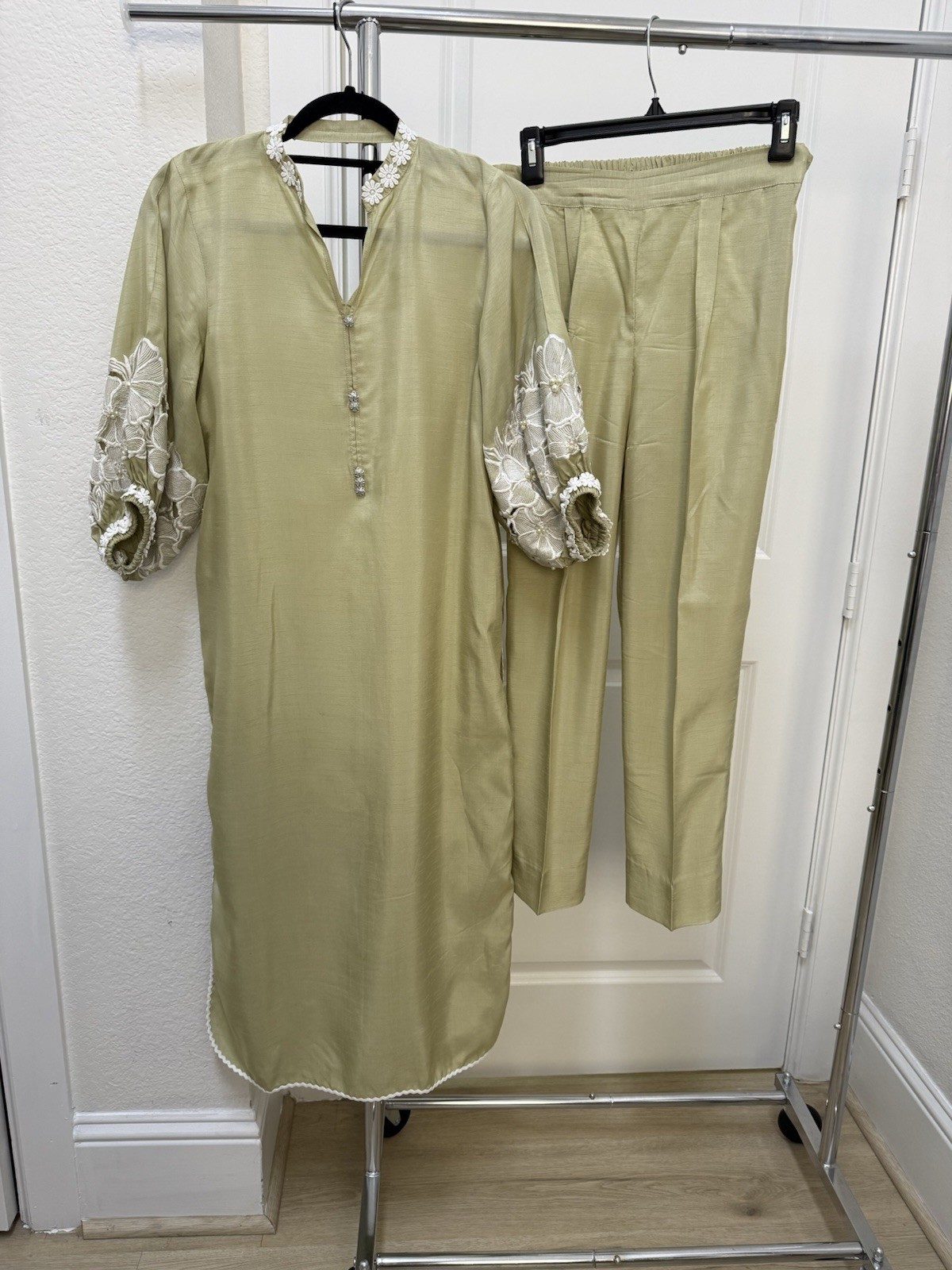 Two pcs sage green balloon sleeves top and straight pants Zainab Zulfiqar