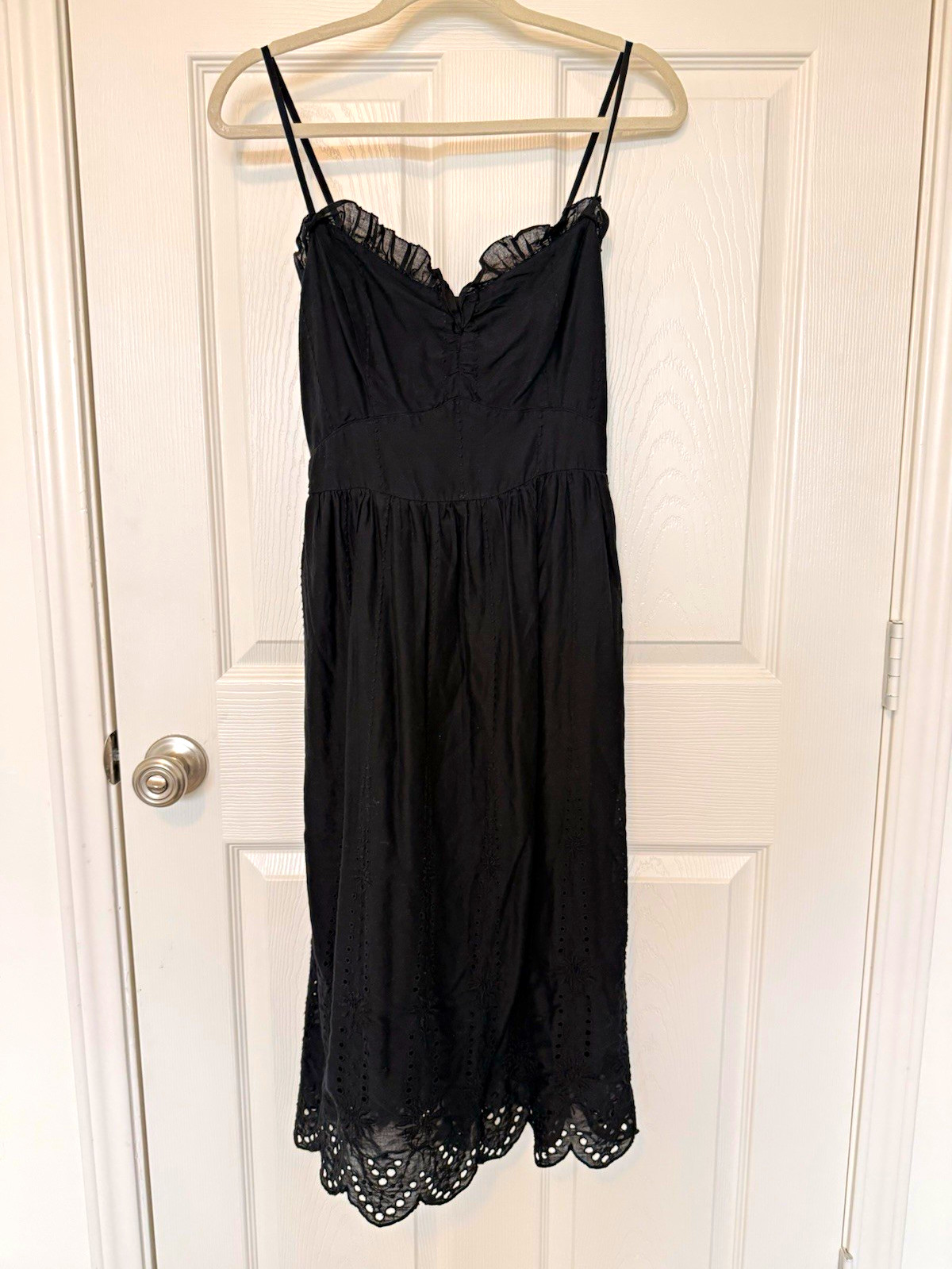 Abercrombie & Fitch Black Cotton V-Neck Eyelet Midi Spaghetti Strap Dress S