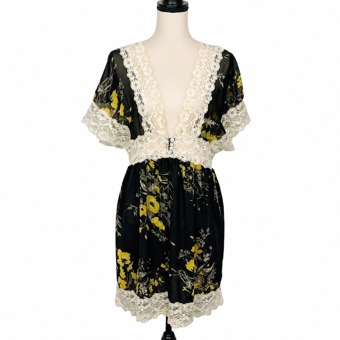 Sheer Y2K Floral Lace Babydoll Chiffon Mini Dress Size L Fairy Grunge Whimsigoth