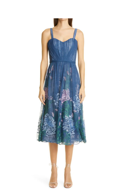 MARCHESA NOTTE SLEEVELESS EMBROIDERD MESH FLORAL COCKTAIL MIDI DRESS sz 16