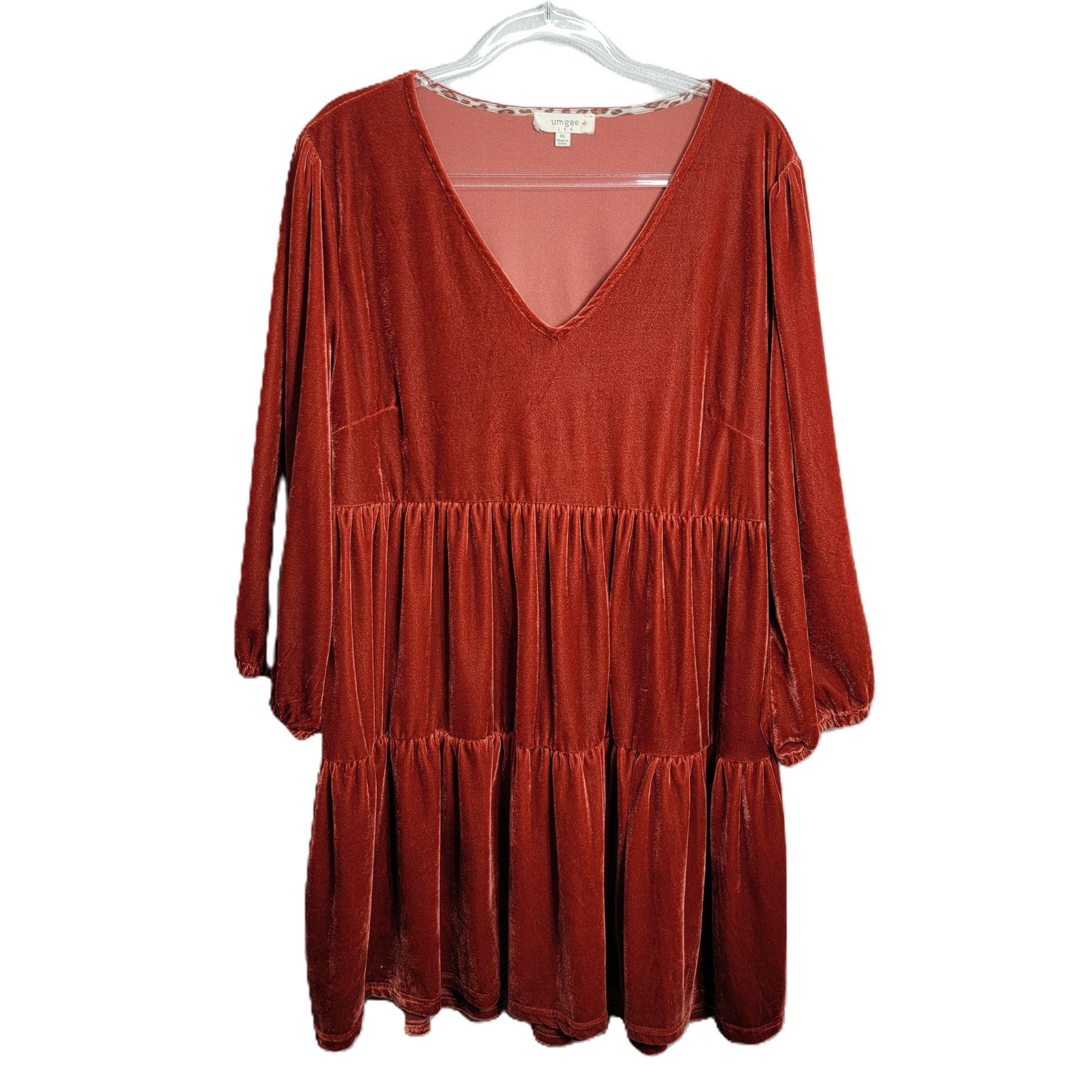 Umgee USA Womens 1XL Rust Velvet Tiered Babydoll Dress V-Neck Balloon Sleeve