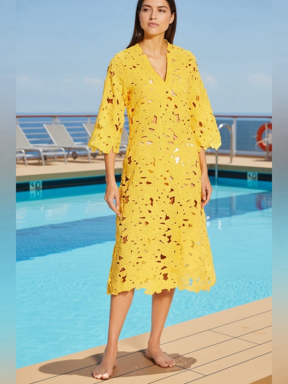 NWT Antonio Melani Yellow Three Dimensional Flowers Dress Swim Cover-Up Size S