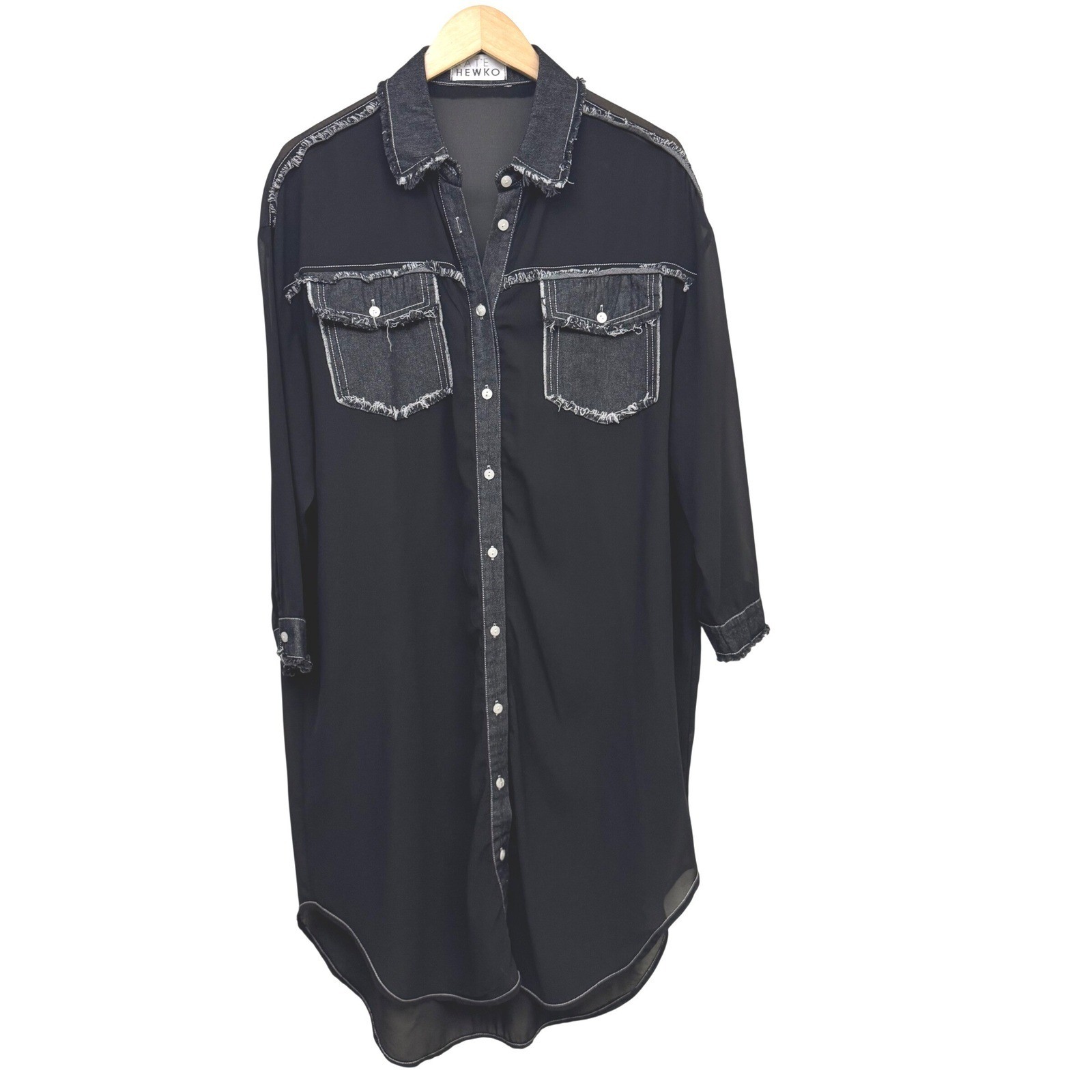 Kate Hewko Large Black Semi Sheer Shirt Dress Denim Trim Distressed