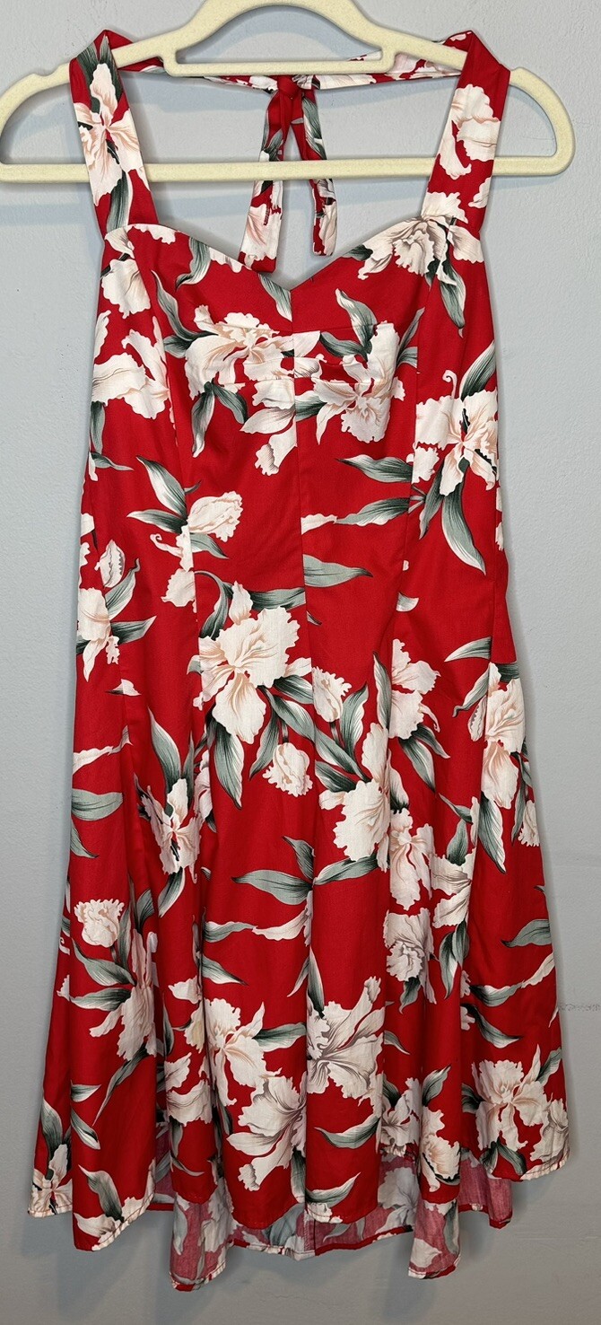Royal Creations Small Hawaiian Dress Red Aloha Halter Neck Floral Resort Wear