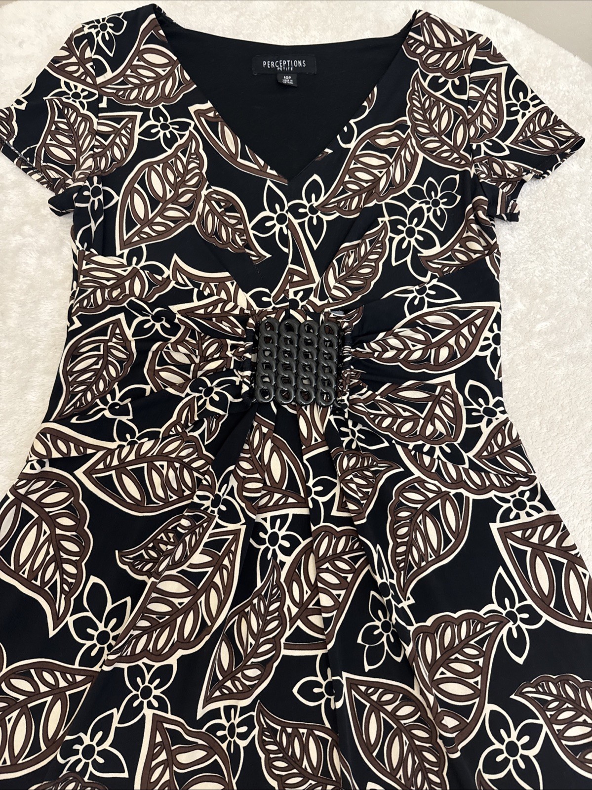 Perception Womens STRETCH Black Brown Beige Floral Fit & Flare Dress 10 Petite