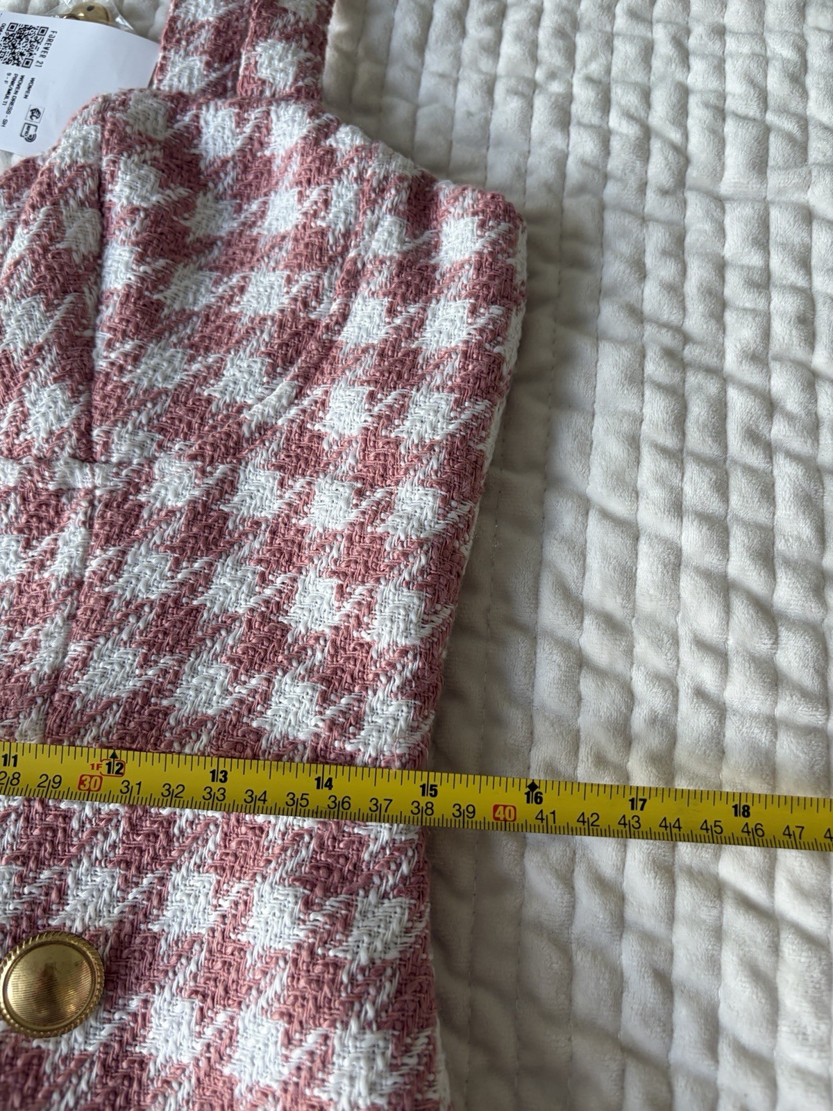 Forever 21 Pink White Tweed Houndstooth Mini Dress Gold Buttons Medium NWT