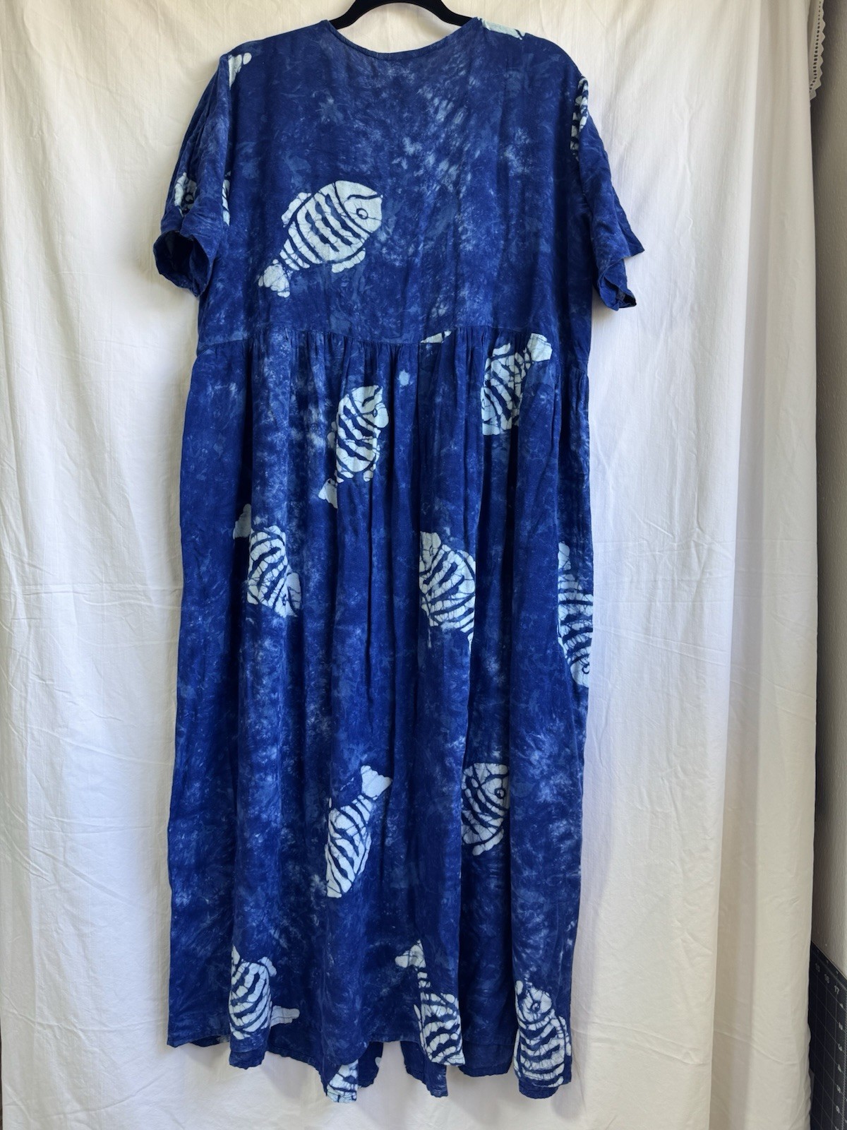 Coastal Ocean Theme Vacation Blue/White Tie Dye Fish Button Front Maxi Dress