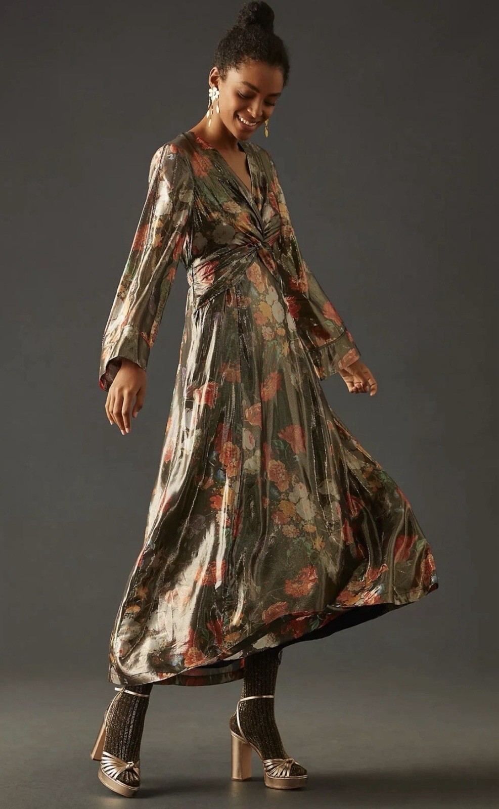 Anthropologie Caballero V-Neck Maxi Dress in a floral metallic shimmer fabric