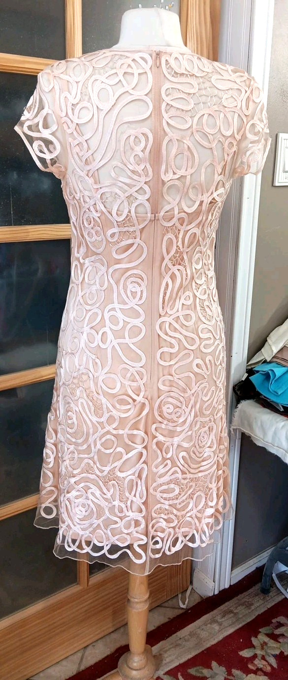 Cinderella Divine Cocktail Dress Ribbons Sequins Beads Overlay Peach Knee NWoT