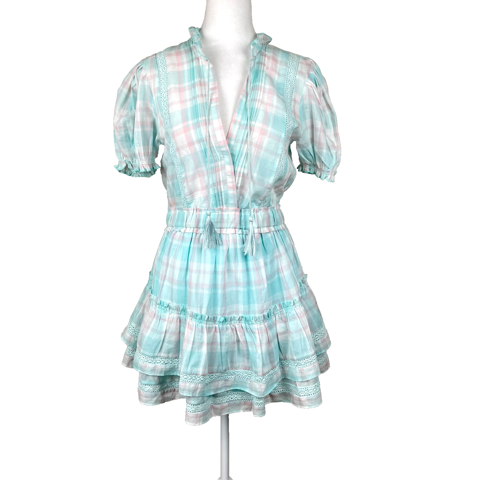 Mable Pastel Plaid Tiered Mini Dress Cotton Cottagecore Coquette Sz S NWT