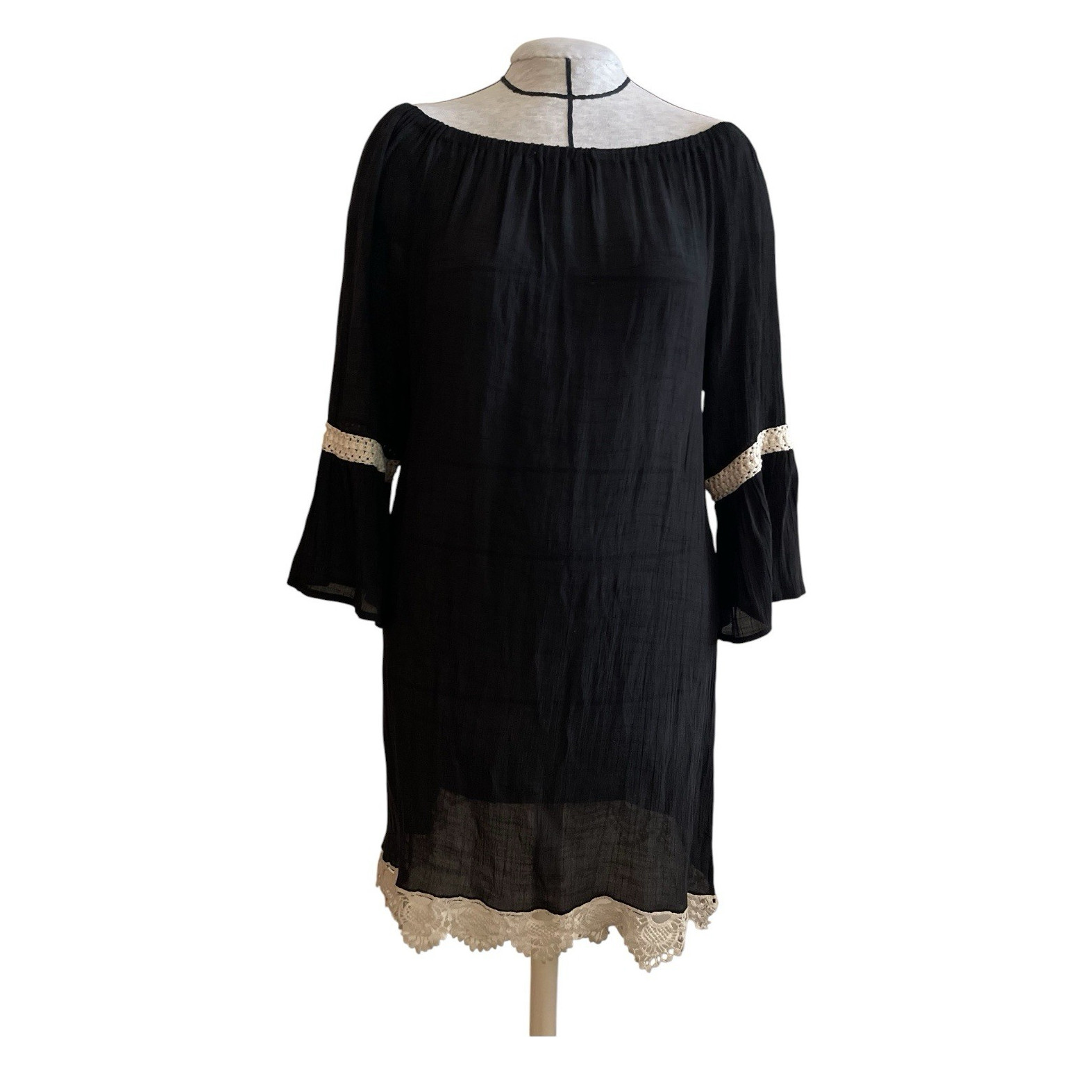 Hypnotix Womens Black Solid Off Shoulder Shift Dress Bell 3/4 Sleeve Lace L