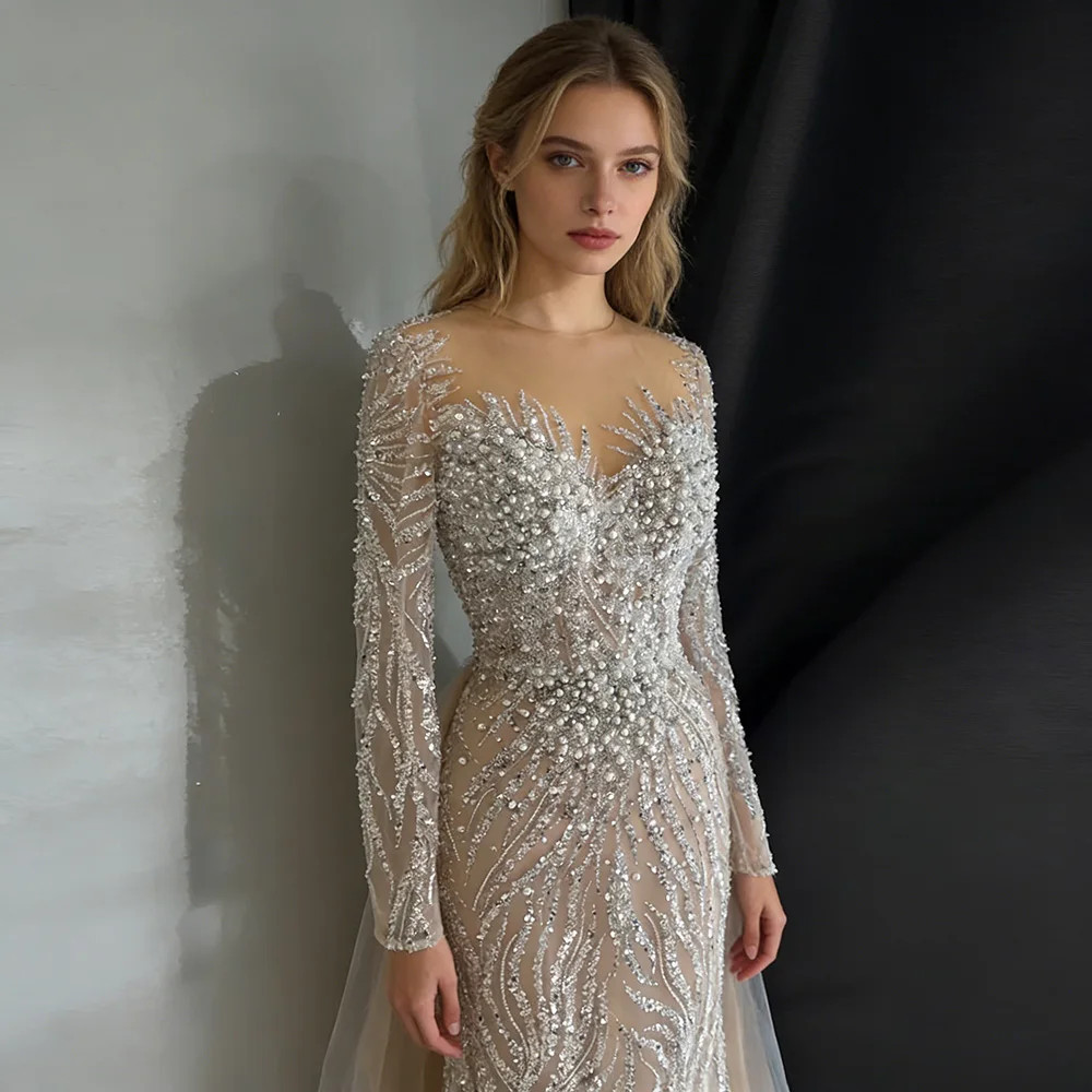 Illusion Neck Long Sleeve Beaded Mermaid Tulle Overskirt Evening Gown Train