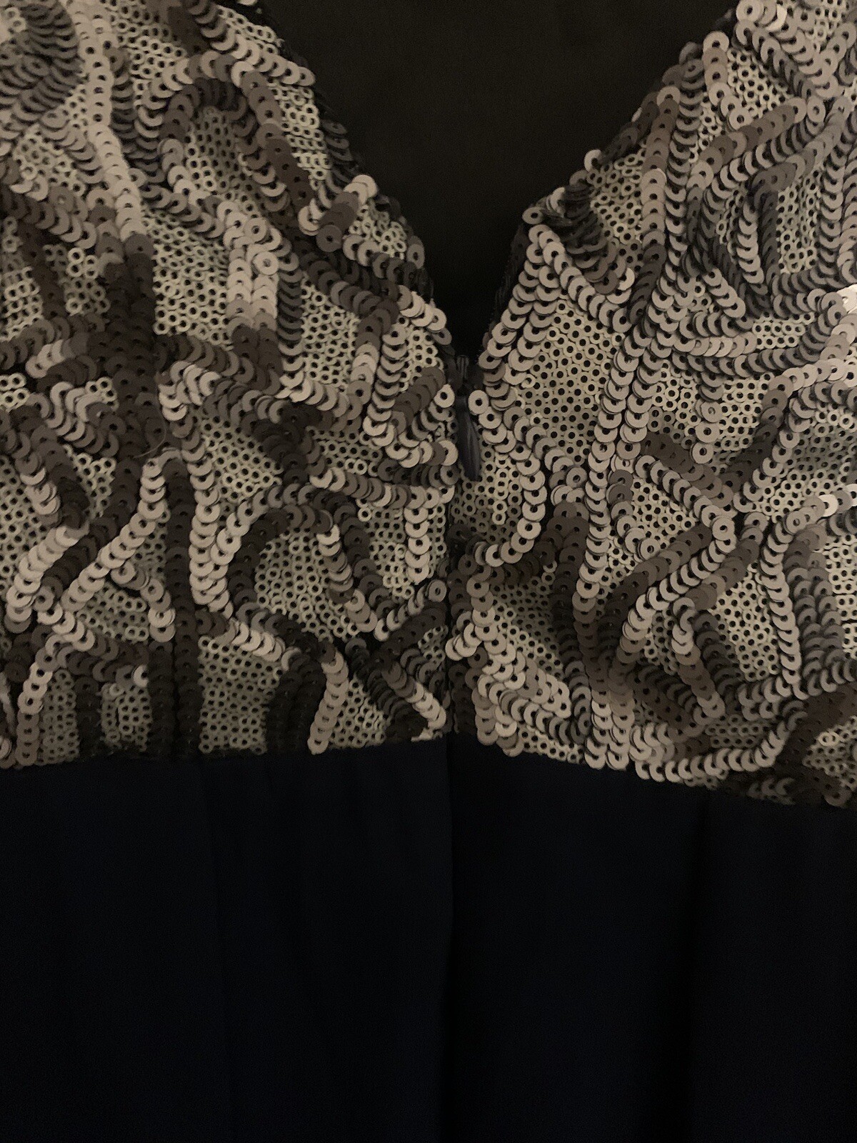 Little Mistress Maxi Dress with hand embellished silver sequins. low cut back.