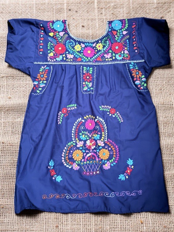 Mexican Embroidered Dress, L, navy blue Oaxaca
