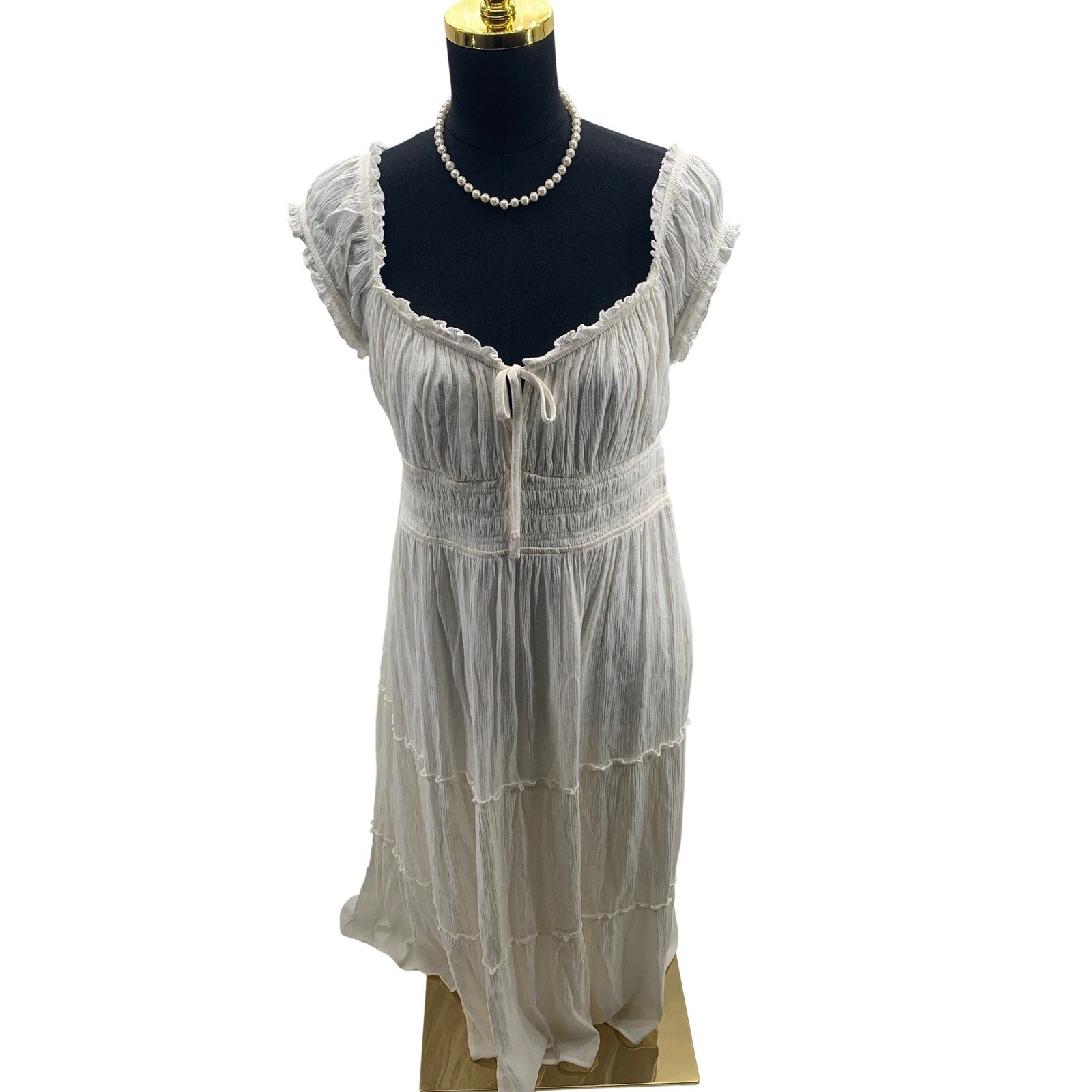 No Boundaries Ivory Peasant Midi Dress Large L 12-14 Smocked Tiered Gauze White