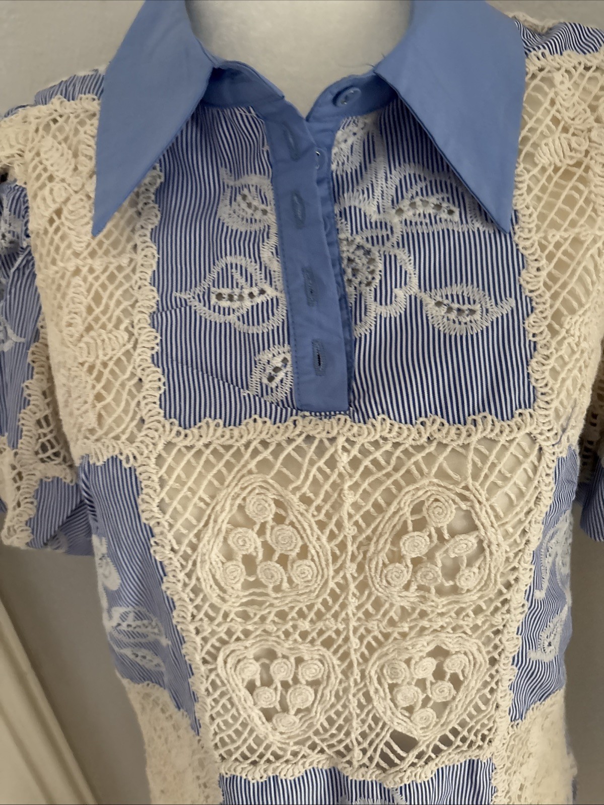 Sofie the label Blue Ivory Crochet Shirt Dress S Collared Puff Sleeve Button