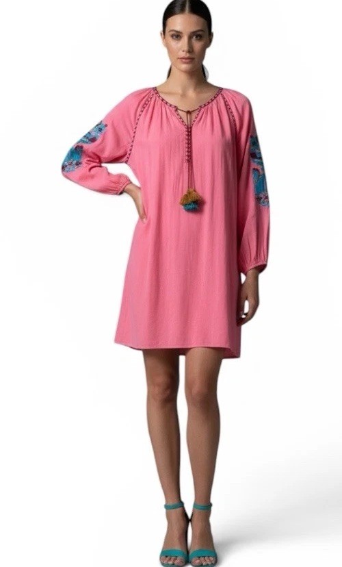 Figue New York Dress V Neck Long Sleeve 100% Cotton Embroidered India Boho Sz S