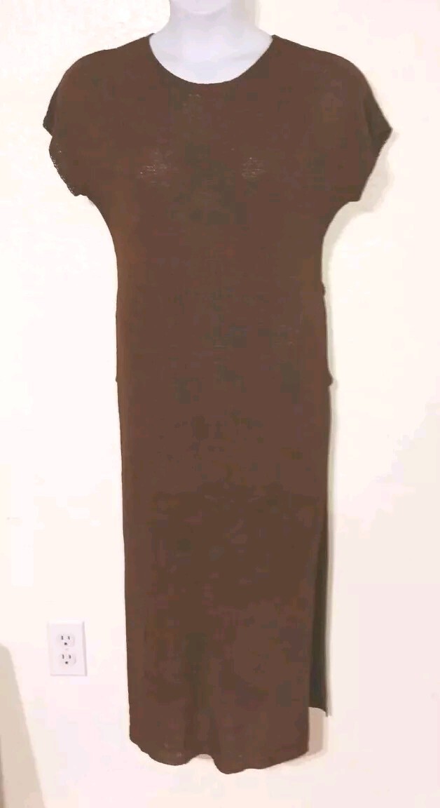 By The River*Brown Sweater Knit Midi LengthDress*Size L*Side Split*Round Nk*Belt