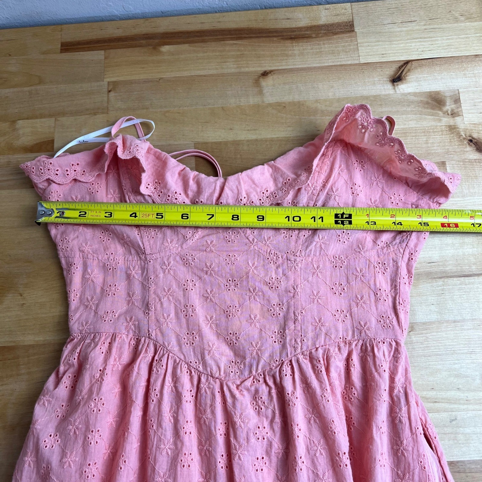 Lulus Peach Pink Eyelet Cotton Midi Dress Ruffle Sweetheart Bustier Pockets S