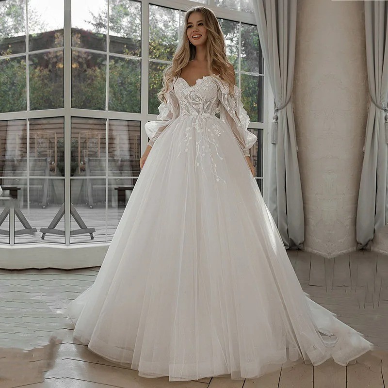 Sparkling Bubble Sleeves Wedding Dress with Lace Stickers Tulle Prom Bridal Gown