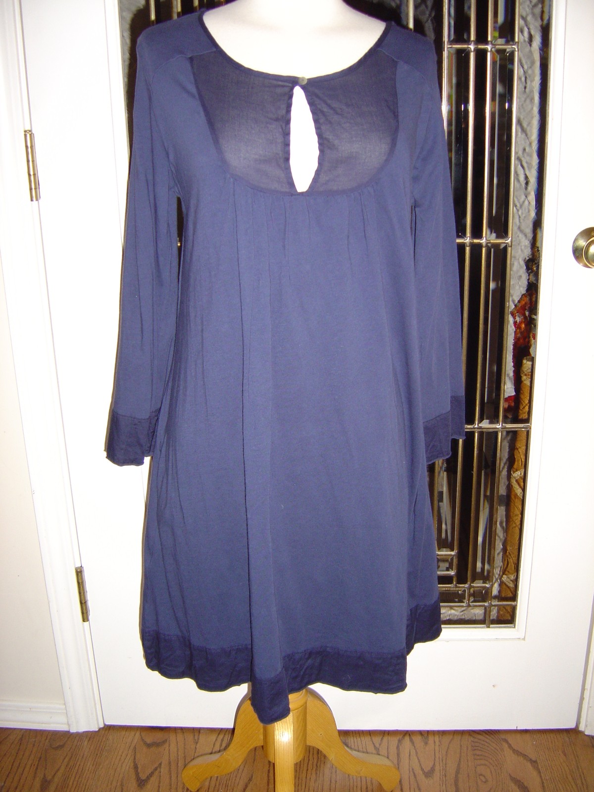 Velvet Graham & Spencer navy cotton loose dress key hole front 3/4 to long slvs