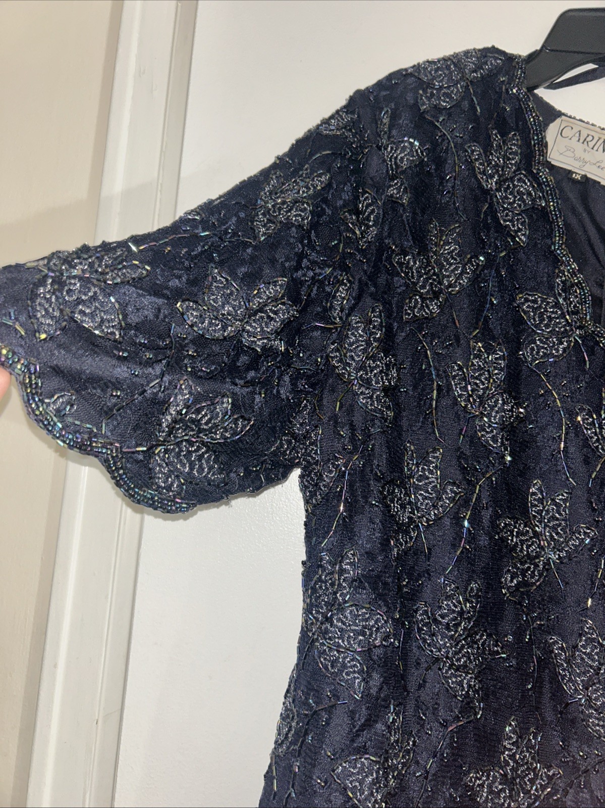 Carina by Barry Lee Navy Blue Sequin Lace Peplum Top Chiffon Skirt Dress 1X VTG