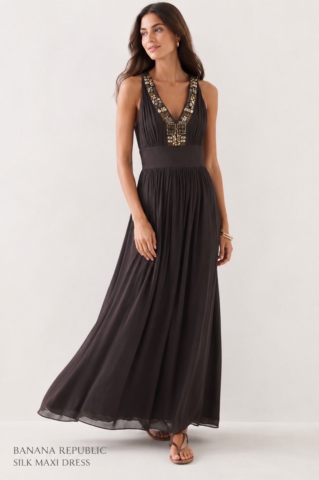 Banana Republic 100% Silk Maxi Dress Sz 10 Womans Brown Halter Metal Beads Boho