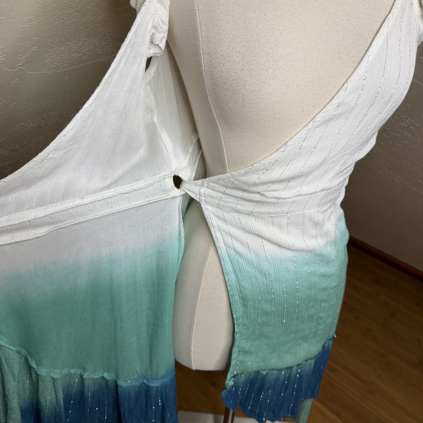 Z&L Europe White Blue Ombre Mini Wrap Dress Metallic Lurex Shimmer Boho M⁠