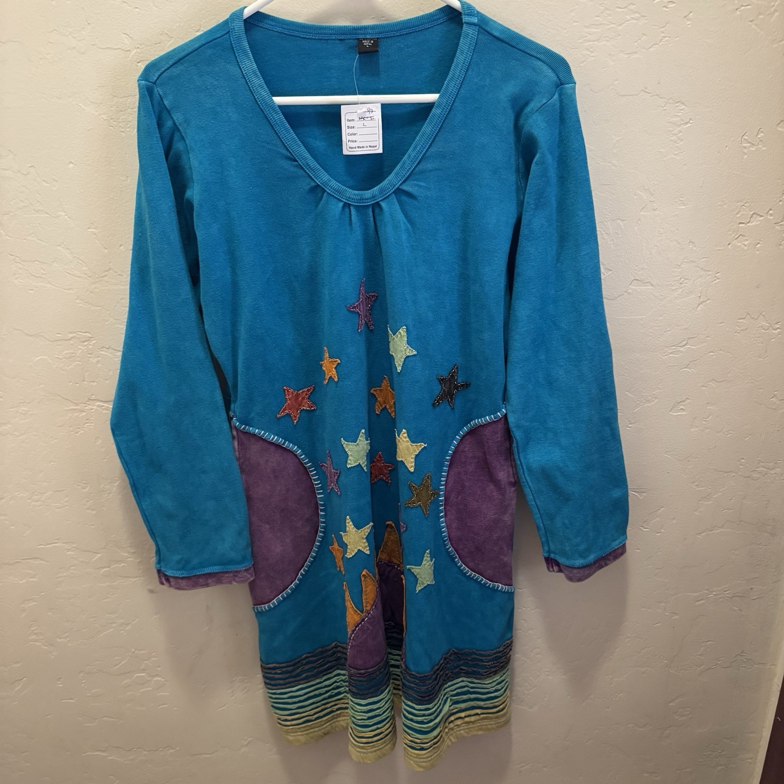 Nepal Unique Dress Hand Stitching Stars Sun Long-Sleeve 100% Cotton Large NWT