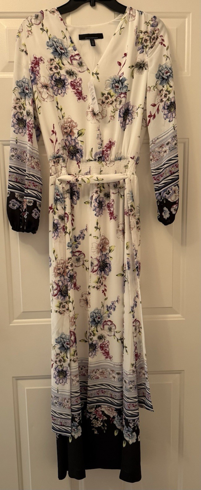 White House Black Market XXS Ecru Floral Chiffon Smocked Maxi Dress V-Neck