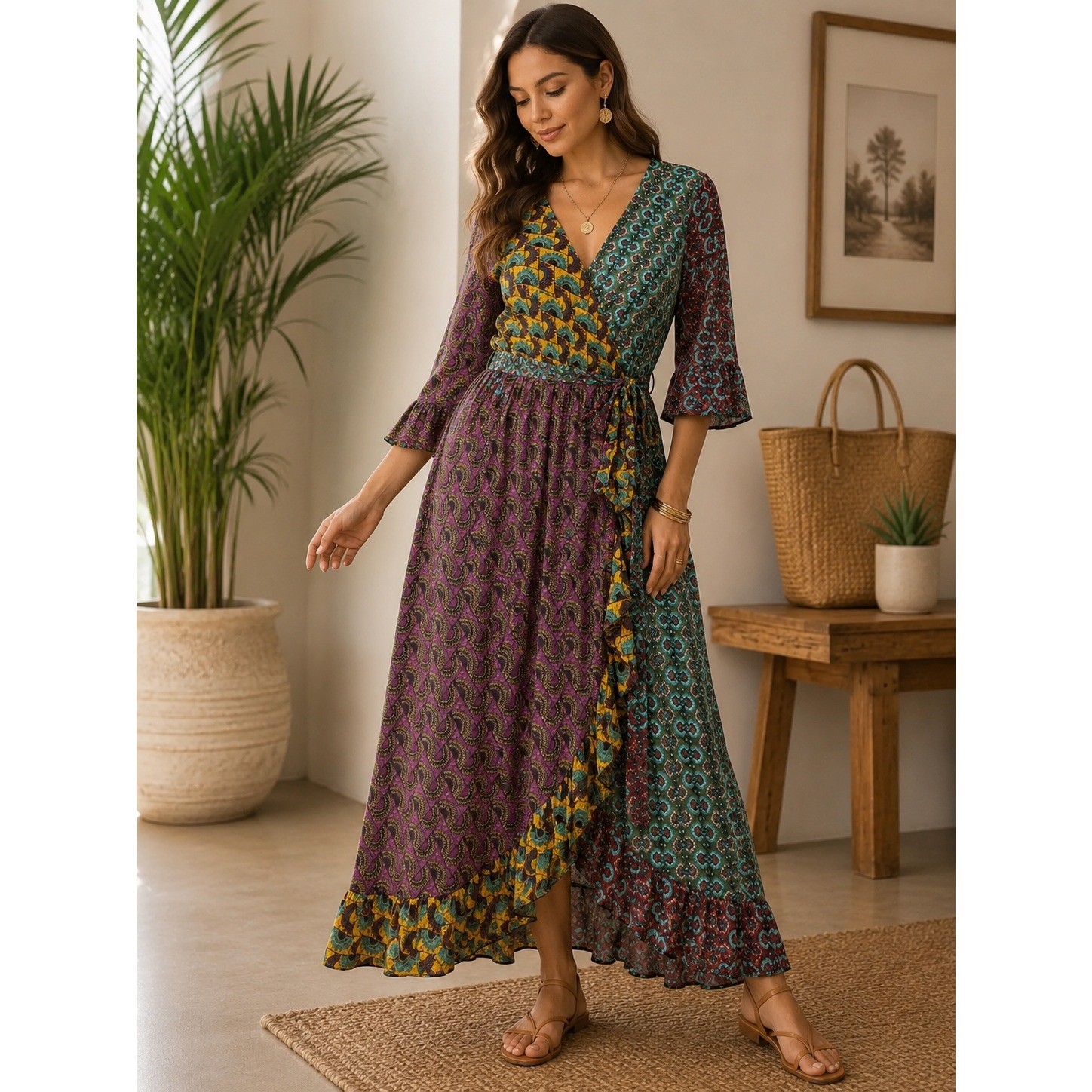Cato Womens Maxi Dress Boho Mixed Print Patchwork Wrap Bell Sleeve Multicolor L