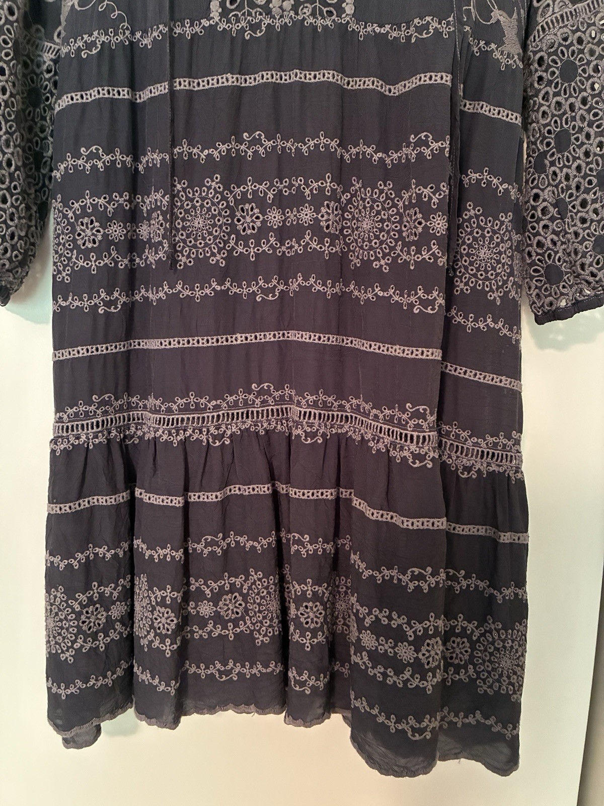 Johnny Was Embroidered Gray Eyelet Mini Dress XS