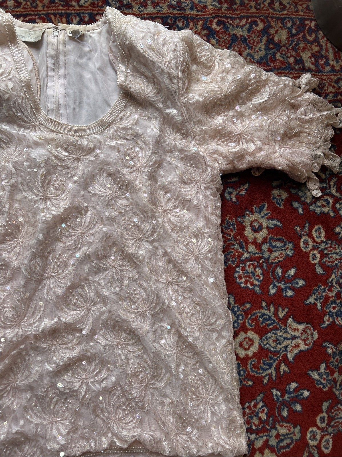 Vtg Lawrence Kazar Lace Maxi Dress Pink Beaded Sequin Cocktail Evening Large NYE