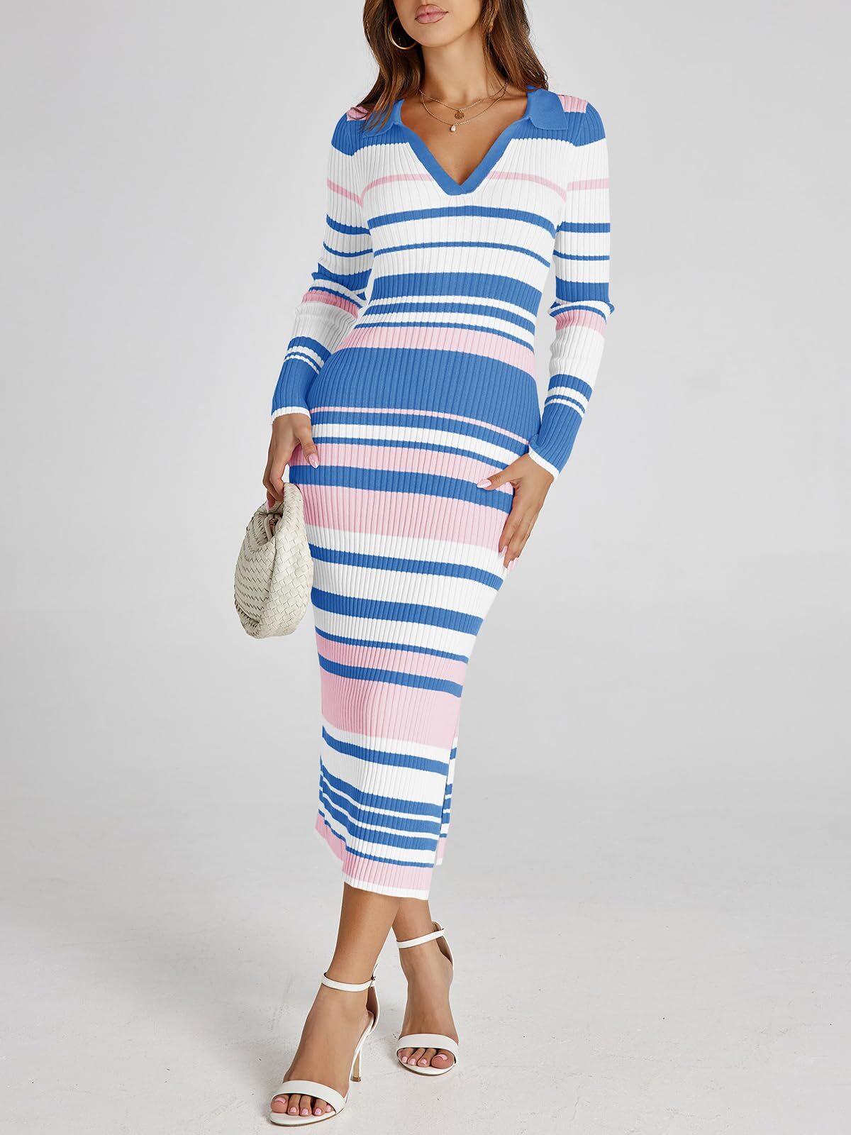 Womens Striped Sweater Dress V Neck Collared Slim Fit Sexy Midi Dress (Pink, S)