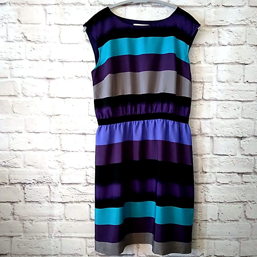 Ann Taylor LOFT Dress Women’s M Purple Blue Gray Black Striped Sleeveless Lined