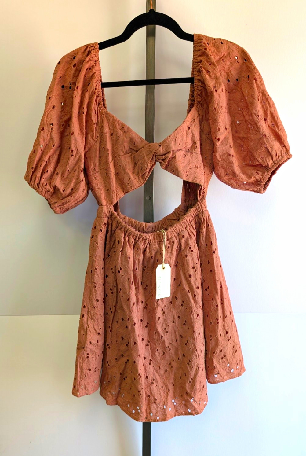 By Together Burnt Orange Eyelet Floral Puff Sleeve CutOut Smocked V-Neck Dress M