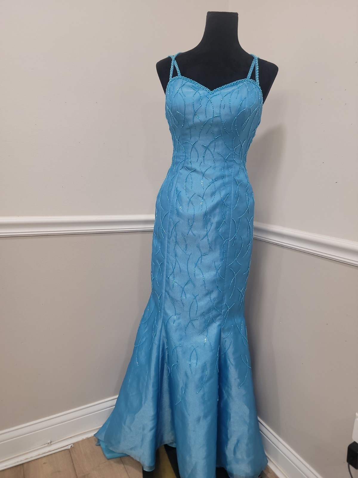 VTG Y2K Alyce Designs Turquoise Beaded Mermaid Prom Evening Gown Size 8