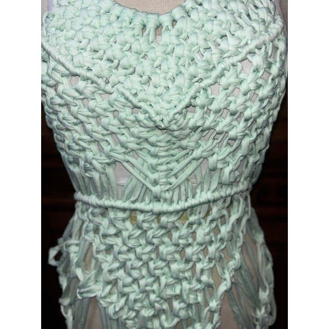 Handmade Macrame Fringe Halter Dress Mint Green Boho Festival Beach Coverup