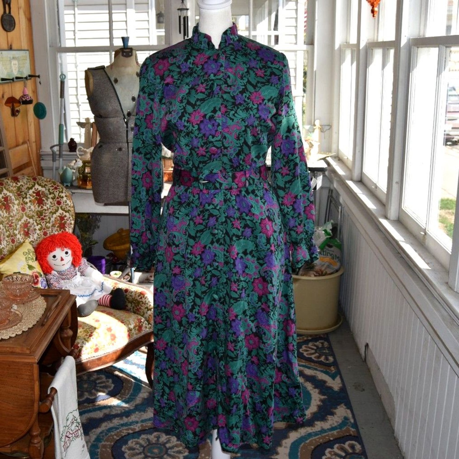 Vintage 90s Talbots Petites Floral Belted Midi Dress Rayon Wool Size Small