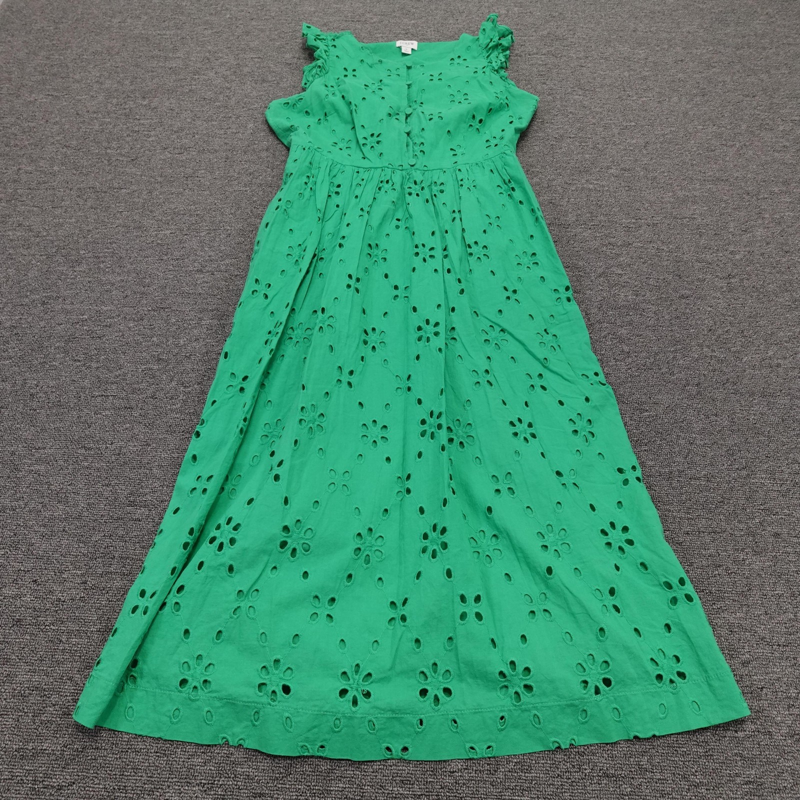 J.Crew Dress Womens 4 Green Eyelet Floral Ruffle Sleeve Midi Lined Sundress