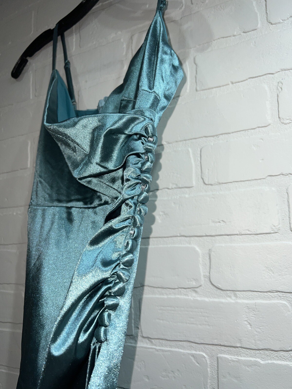 NEW! ADYCE Ruched Split Thigh Sating Formal Dress Gown BLUE Size XS