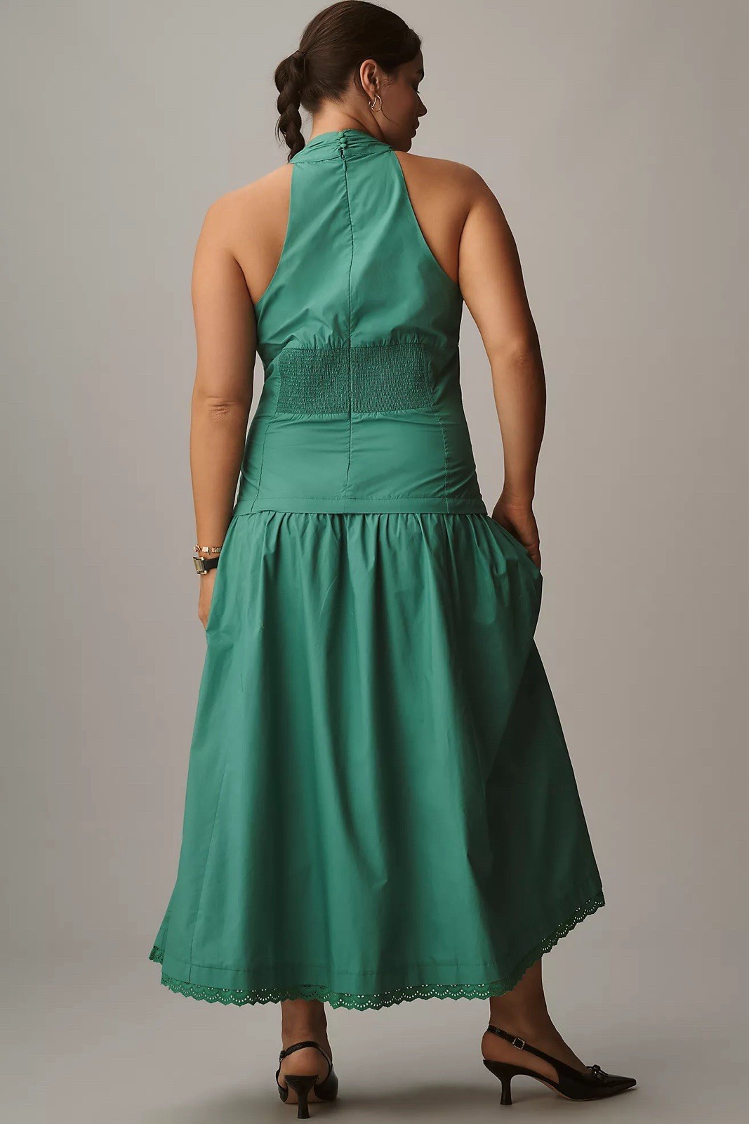 NWT! Anthropologie Maeve Halter V-Neck Drop-Waist Midi Dress Clove/Green Medium