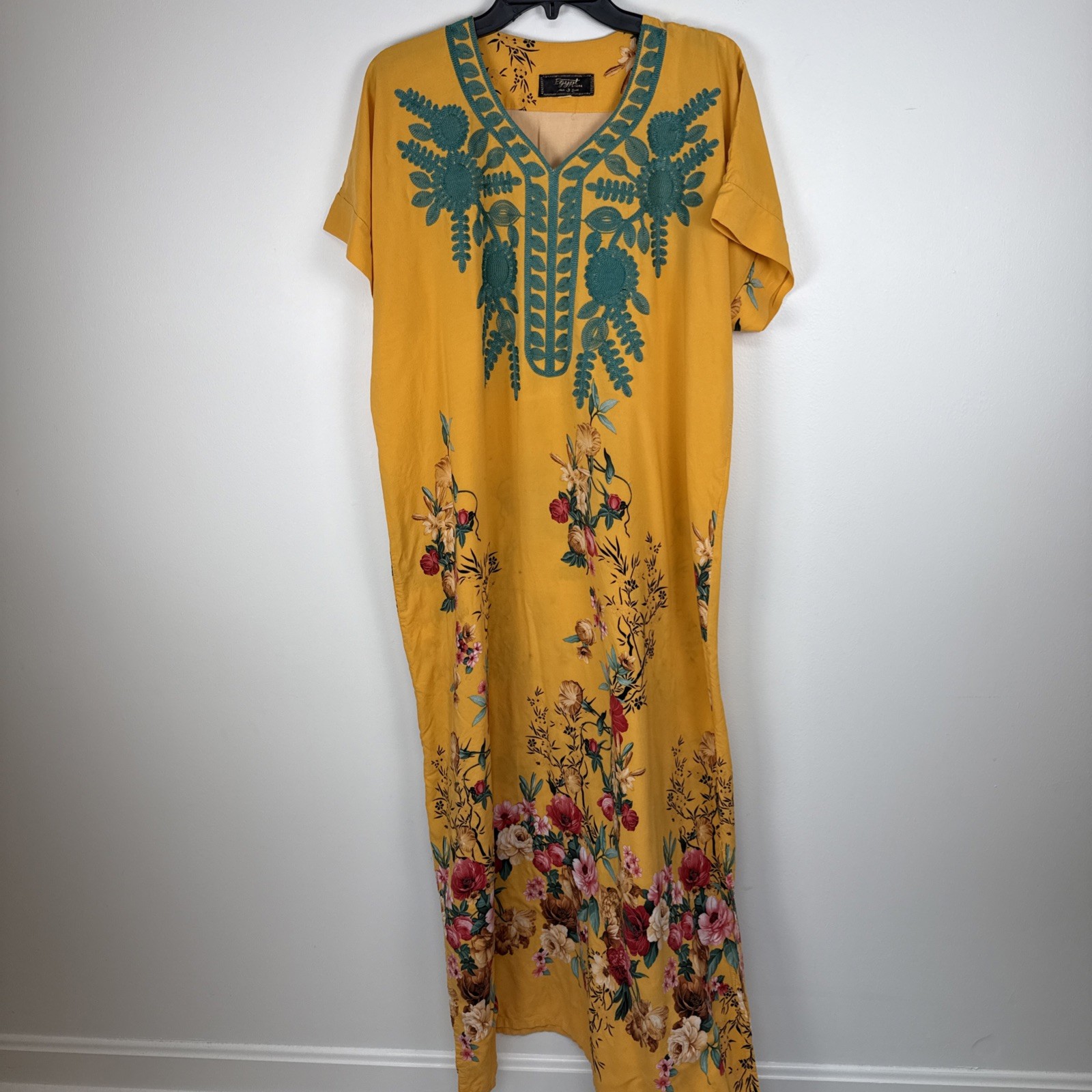 Egypt Caftan Embroidered Maxi Dress Size 2 Mustard Yellow 52” Long Side Slits