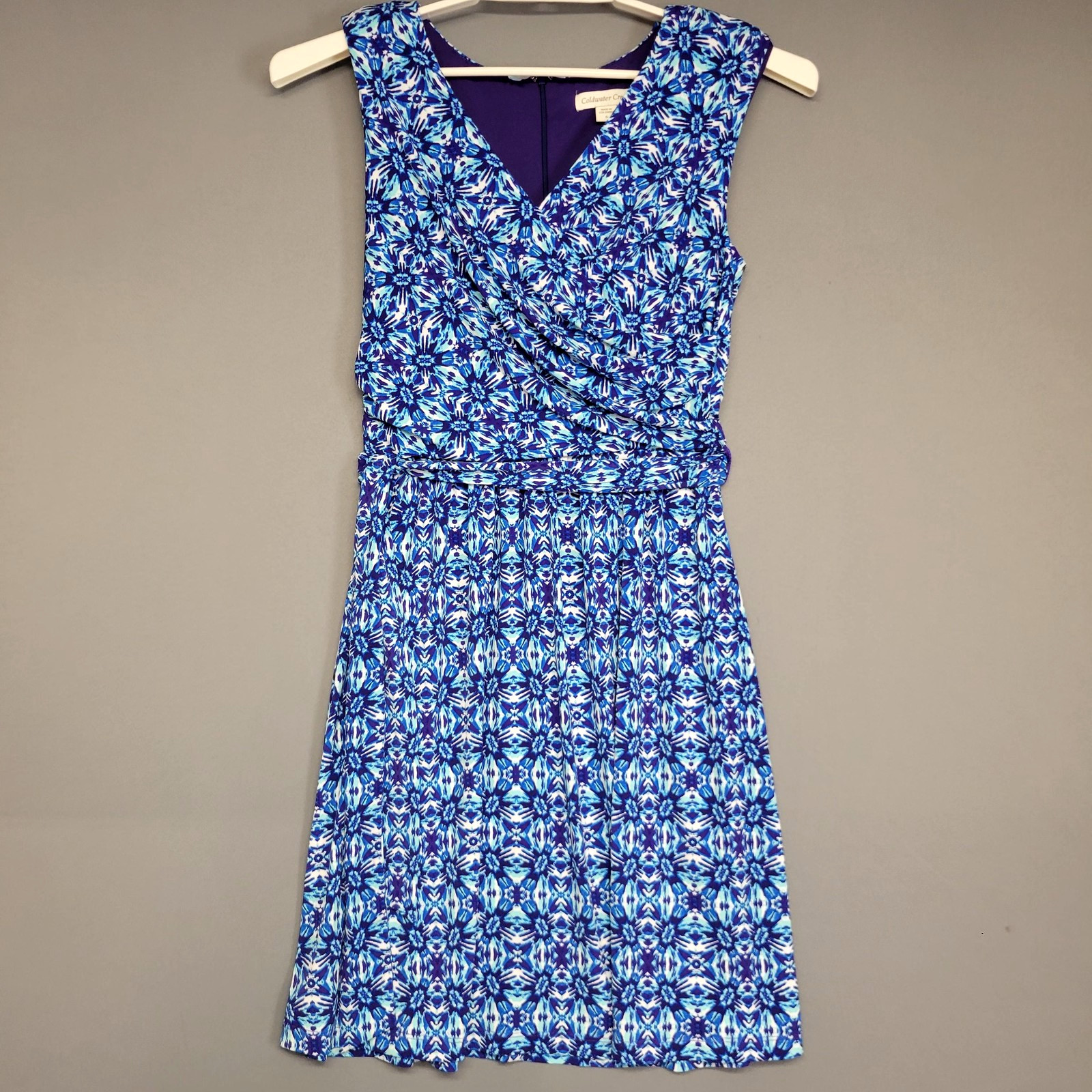 Coldwater Creek Dress Womens 6 Blue Purple Floral Sleeveless V Neck Ruched Wrap