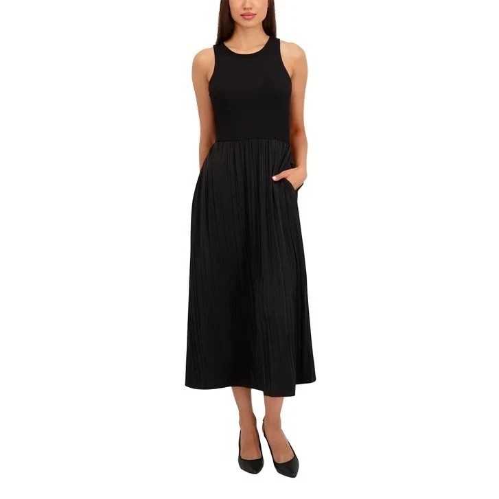 NWT NWT DKNY Women’s L Black Maxi Dress Sleeveless Pleated Skirt C0518