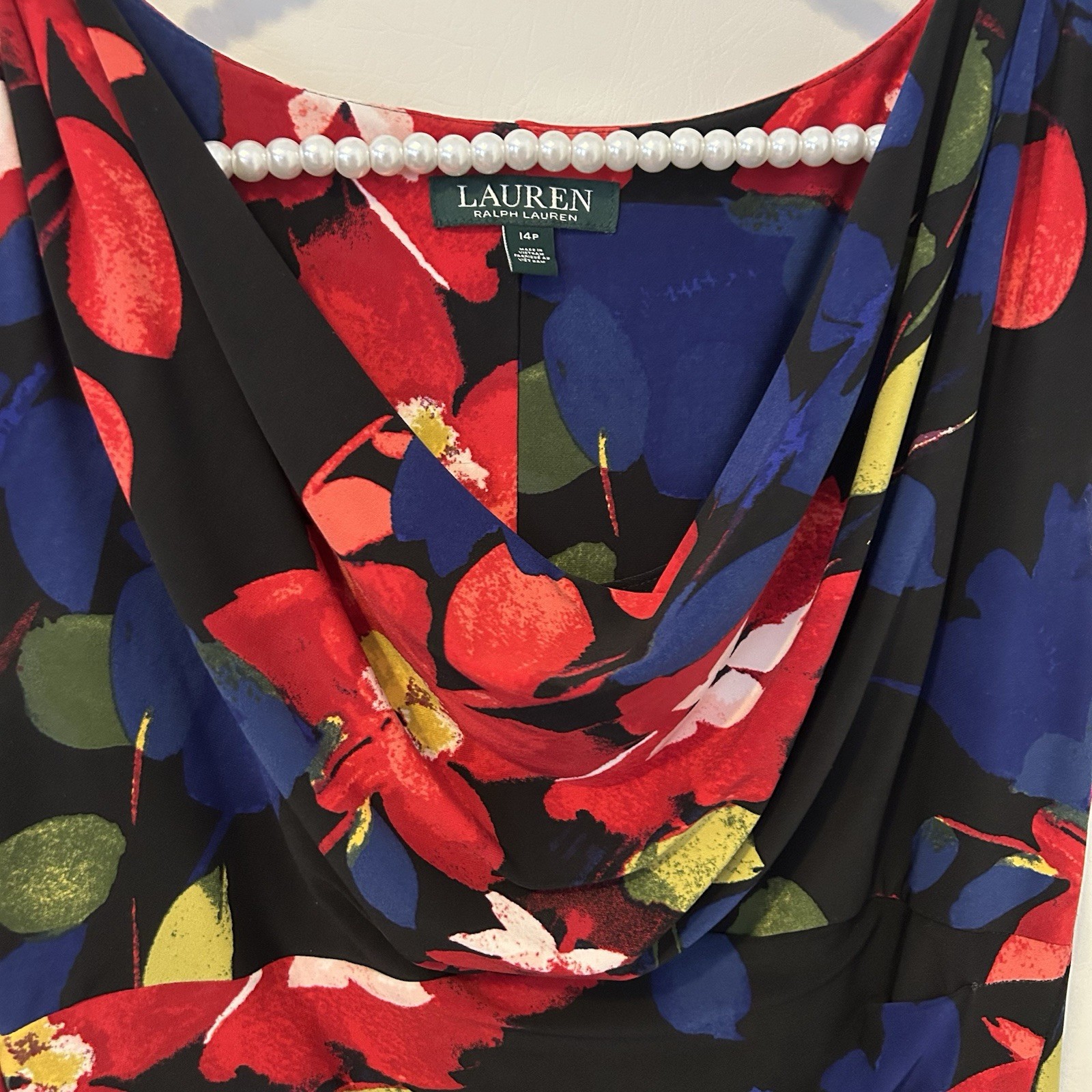 LAUREN Ralph Lauren Black Red Green Floral Cap Sleeve Sheath Dress 14P Classic