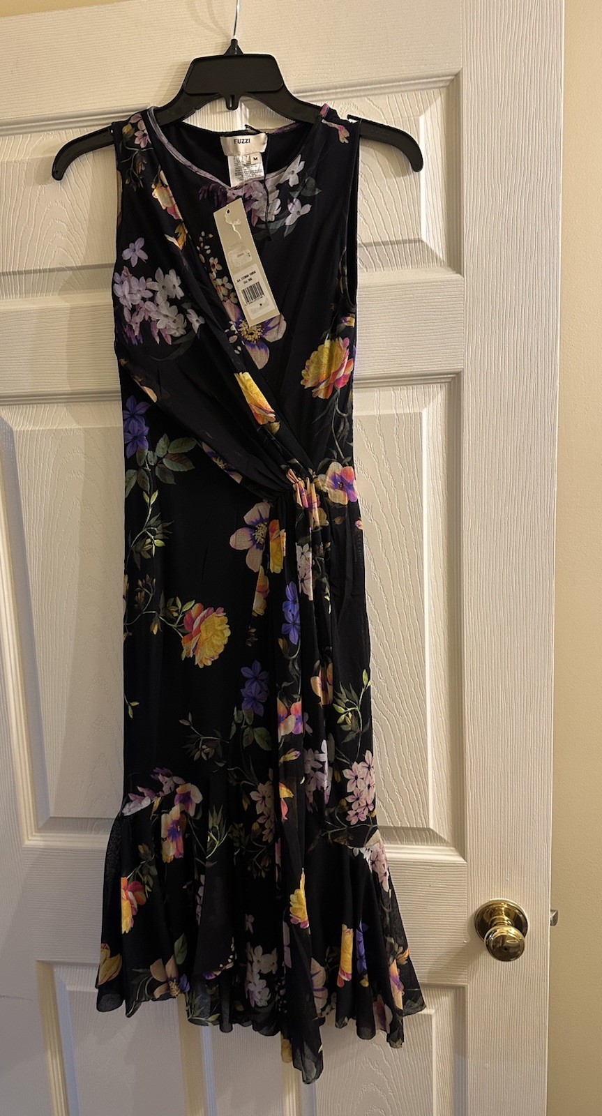 NWT Fuzzi Italy Black Floral Side Rouched Waist Ruffle Mesh Dress Medium