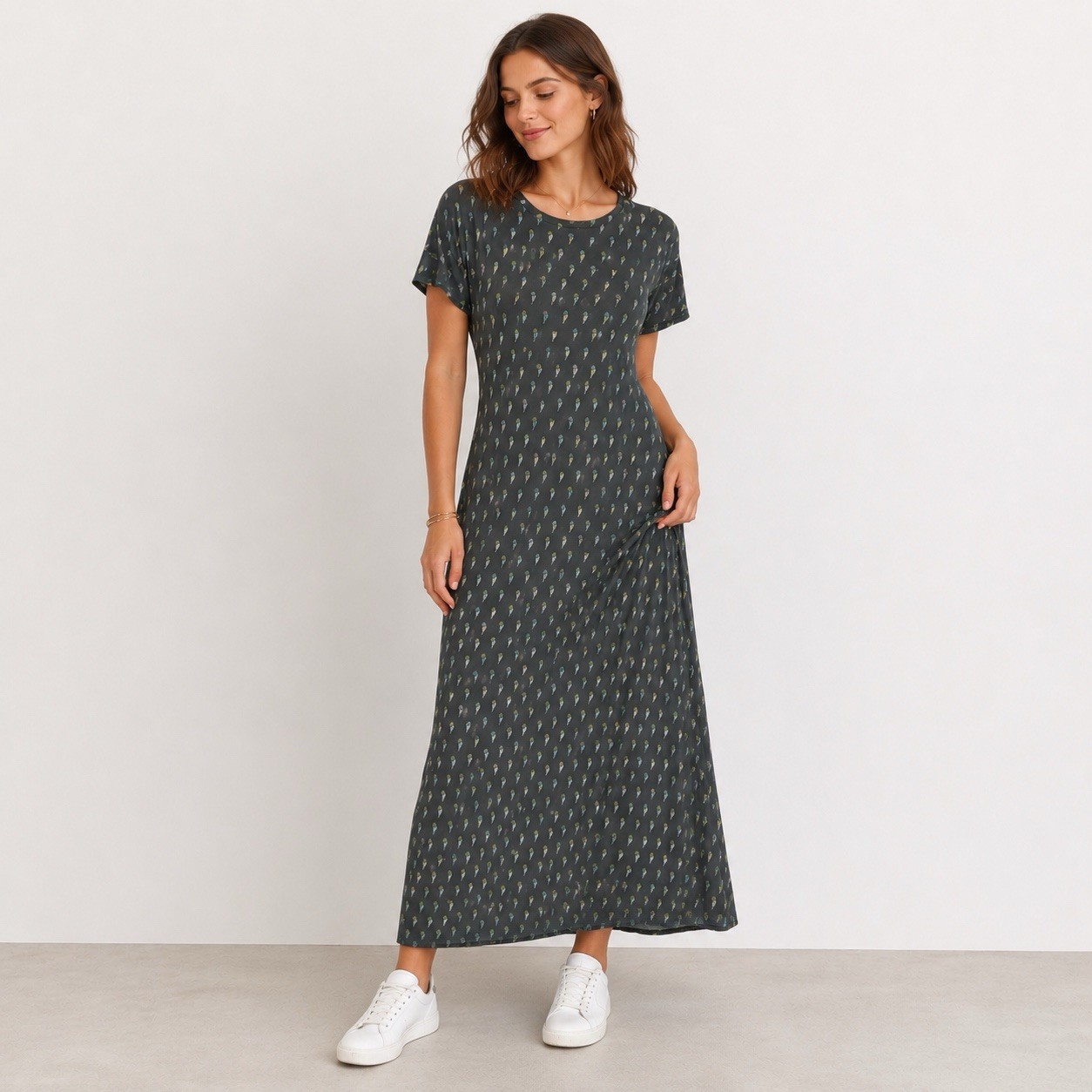 T-Shirt Midi Dress S Gray Short Sleeve Jersey Stretch Flowing Slinky Everyday