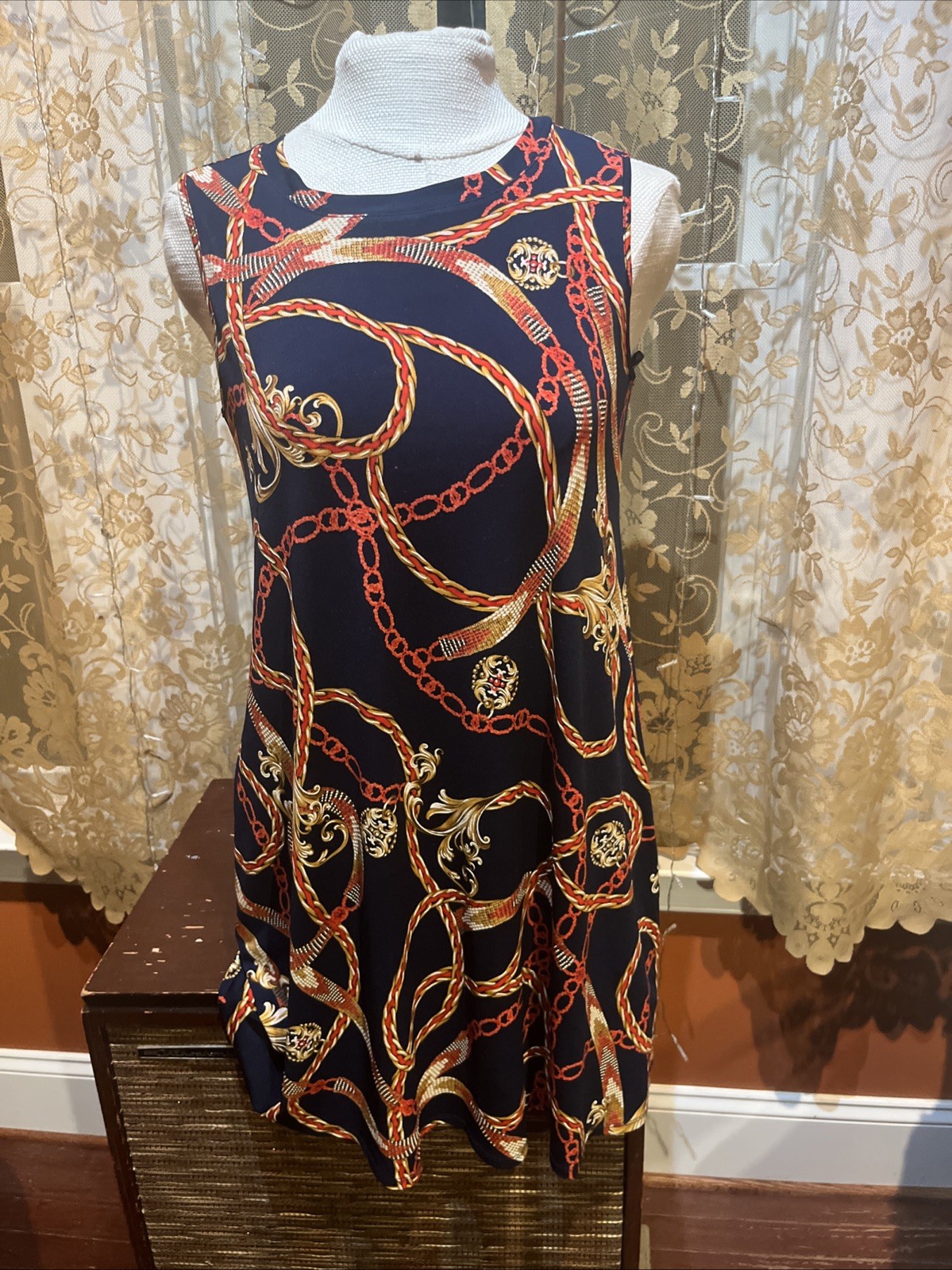 Apt 9 Womens Sz M Navy Chain Print Sleeveless Shift Dress Stretch Nautical