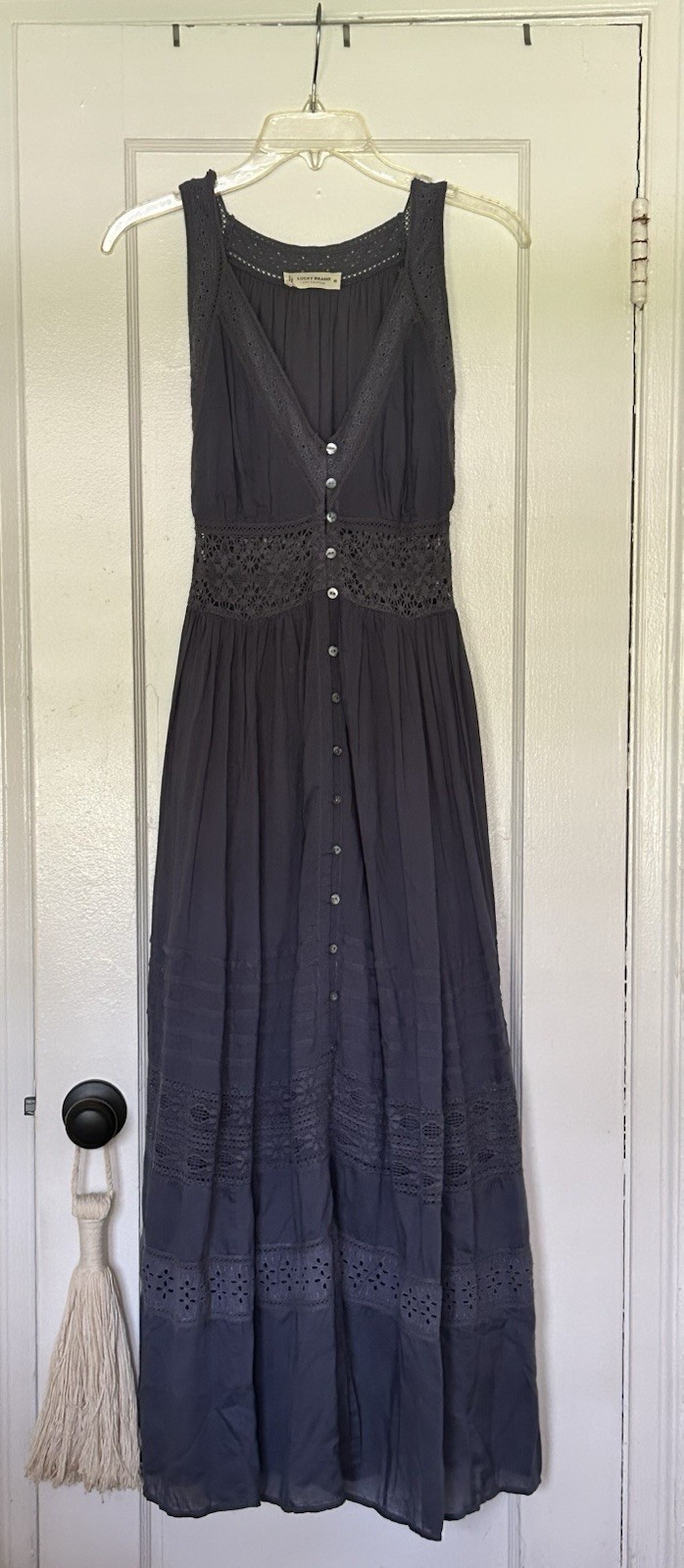 Lucky Brand Boho embroidered Buttons Up Lined Women’s Maxi Dress Size XS